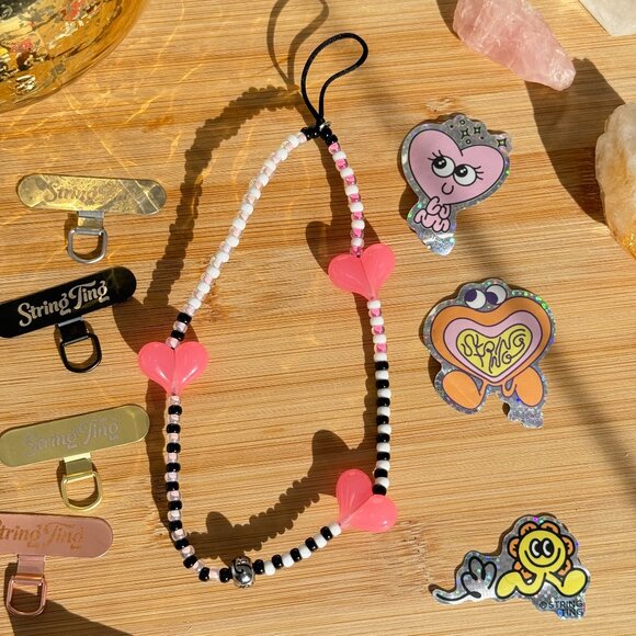 String Ting Phone Strap Wristlet Beaded Pink Hearts + Black White Miyuki Beads